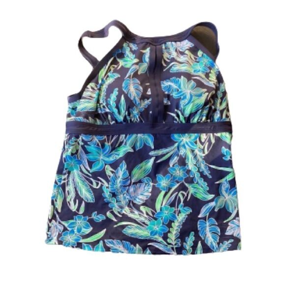 Land’s End Plus Standard high neck keyhole tankini top blue print soft D cup Var - Picture 5 of 14